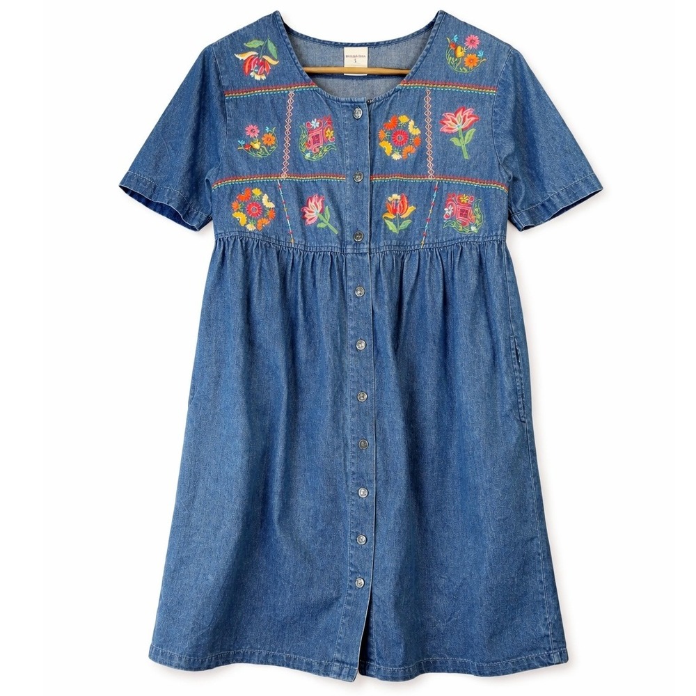 Embroidered Denim Prairie Dress Women L Blue Floral Button Front Pockets